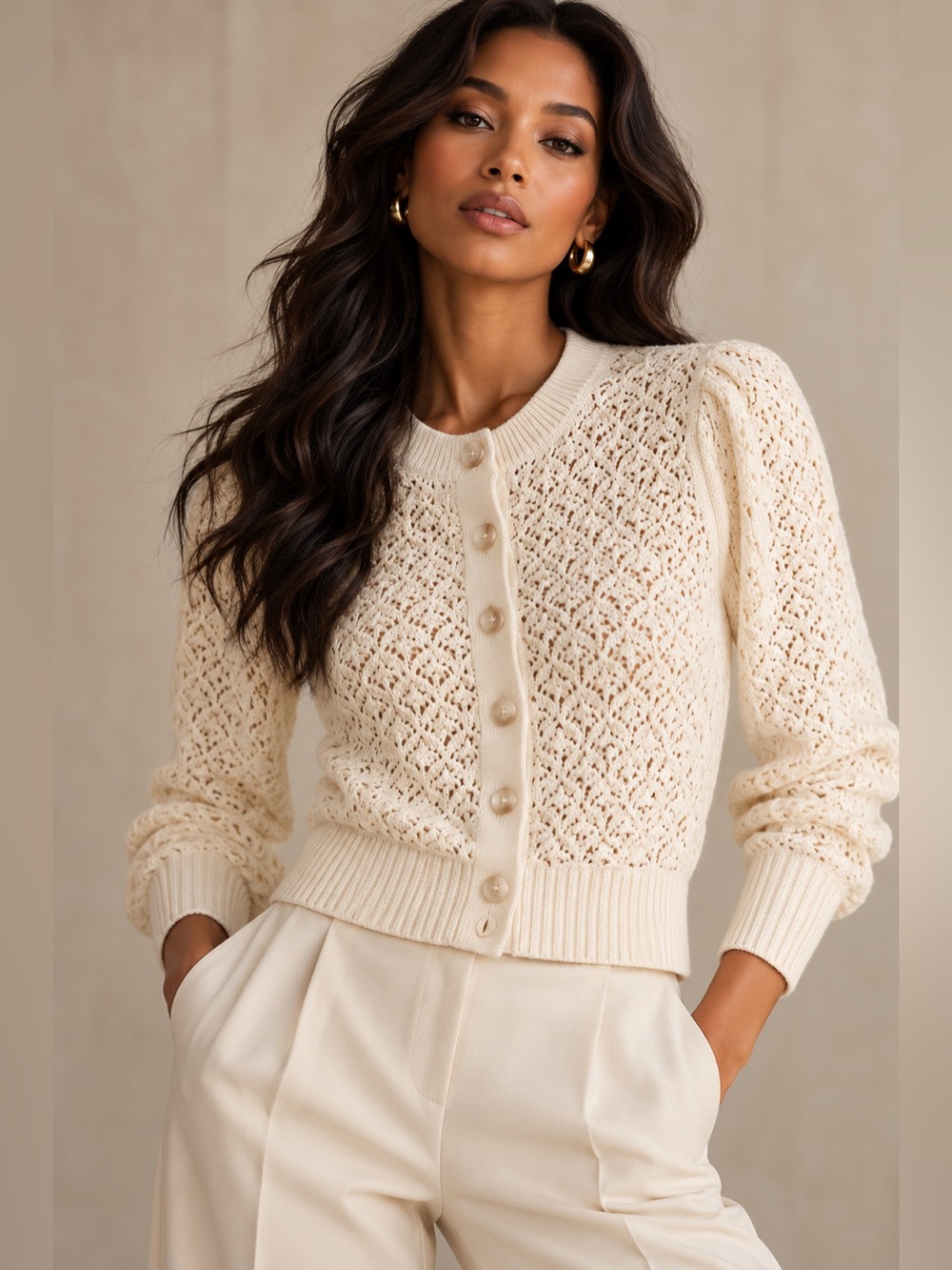 Magaschoni NWT 100% Cotton Pointelle Knit Cardigan Cream S/P